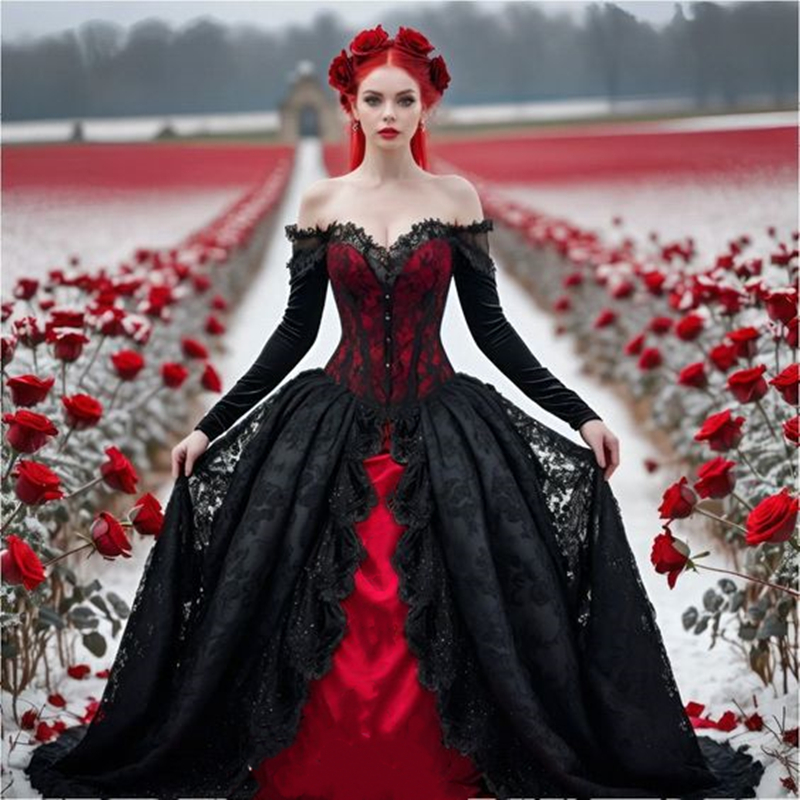 Black And Red Gothic Wedding Dresses Off The Shoulder Long Sleeves Princess Wedding Gown Vintage Renaissance Vestido De Novia 2024 Women Masquerade Dr