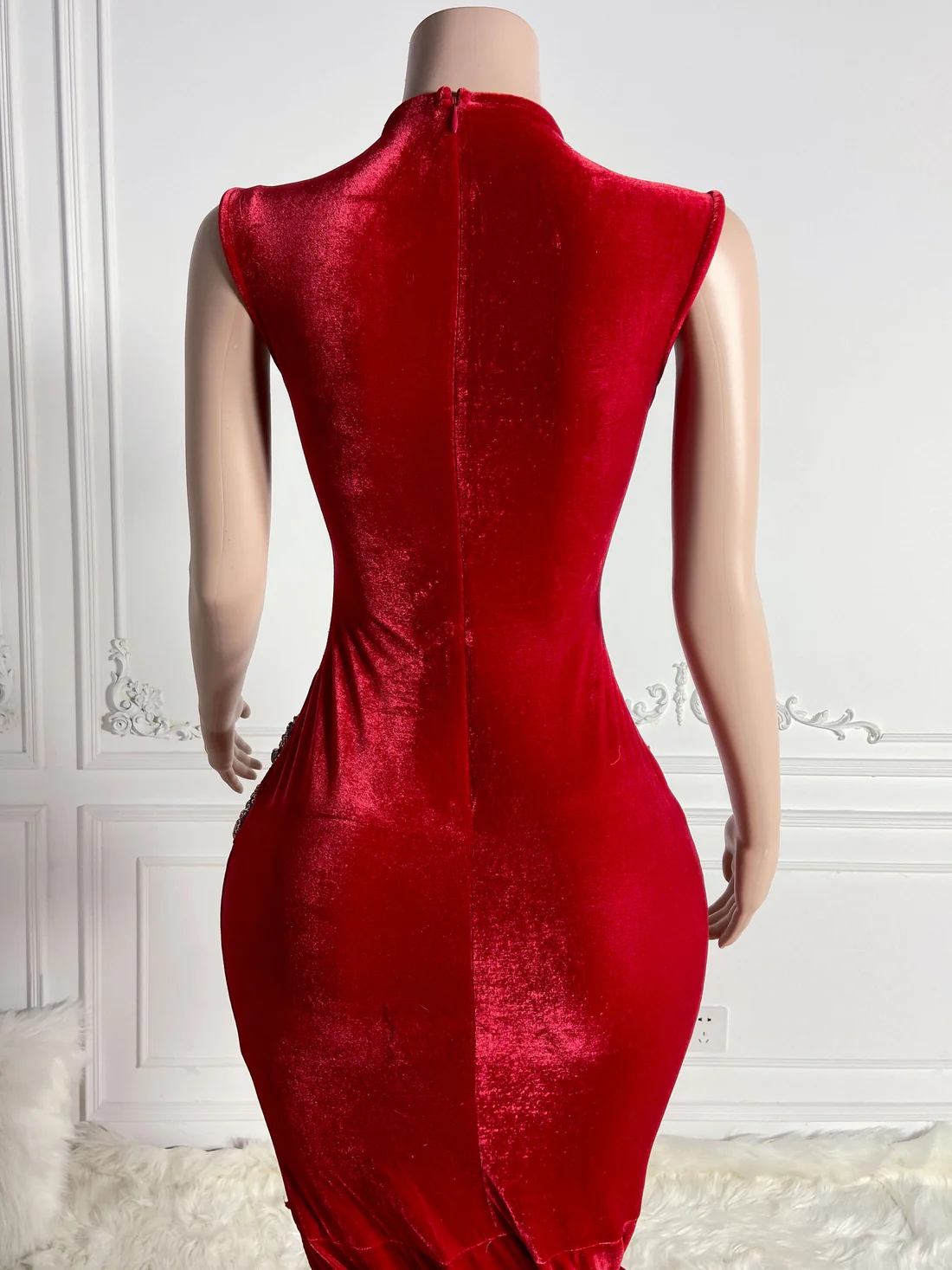 Red Velvet Sheer Women Long Prom Dresses For Black Girls Luxury Mermaid Diamond African American Prom Gowns Evening Gala Party Dresses