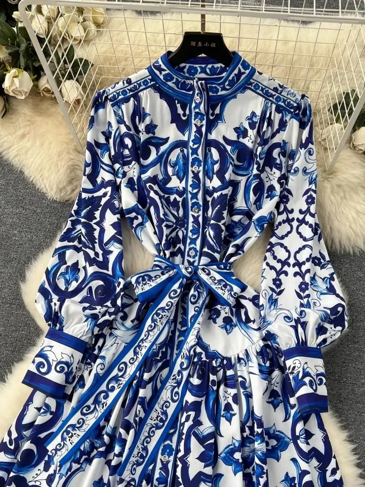 JAMERARY Runway Red Blue White Porcelain Print Holiday Maxi Dress Womens Stand Single Breasted Loose Lace Up Belt Long Vestido 240627
