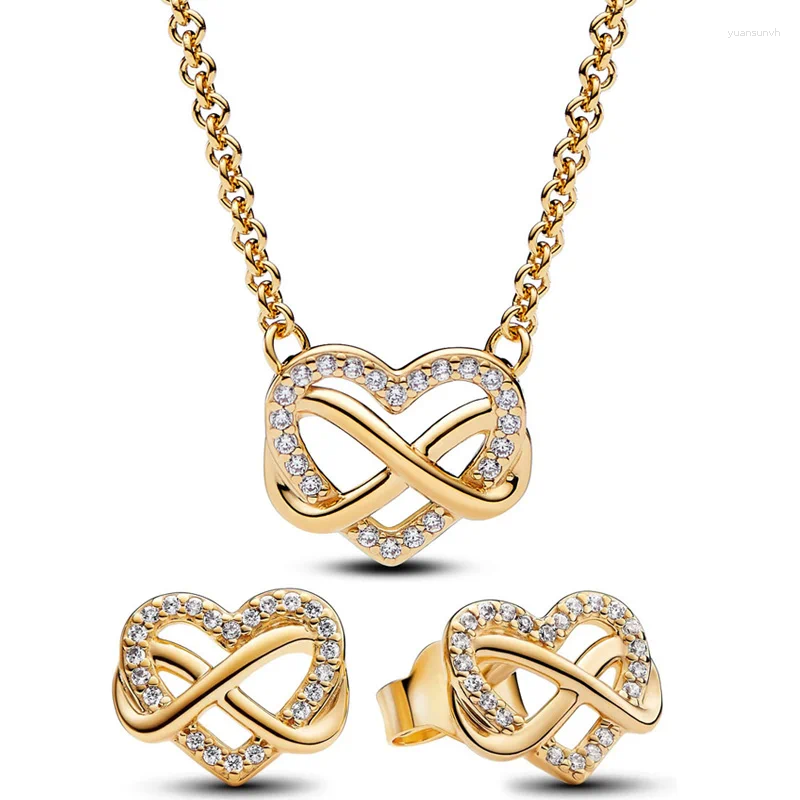 Stud Earrings 925 Sterling Silver Golden Shine Sparkling Infinity Heart Collier Necklace Earring Jewelry Set For Women Gift