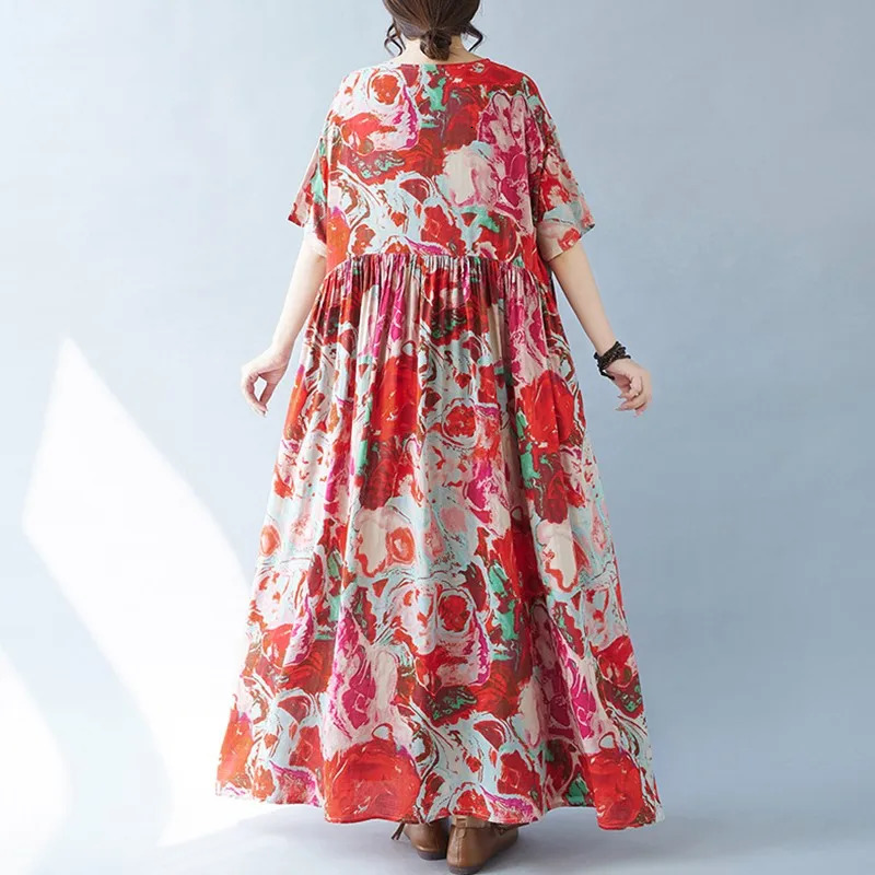 Women Casual Long Dress Arrival Summer Vintage Style Oneck Floral Print Loose Female Aline Holiday Dresses B3705 240628
