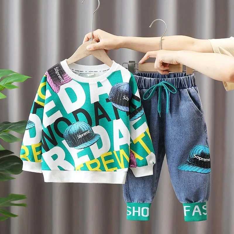 Clothing Sets Childrens Clothing Set Spring and Autumn Boys Baby Round Neck Sweater Pants Two Piece Fashion Jeans Set
