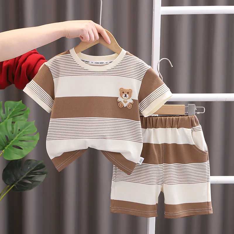 Clothing Sets Fashion Summer Kids Baby Boys Striped Suits Cartoon Bear T-Shirt+Shorts Casual Clothes Outfit Girls Clothing 2PCS/Set