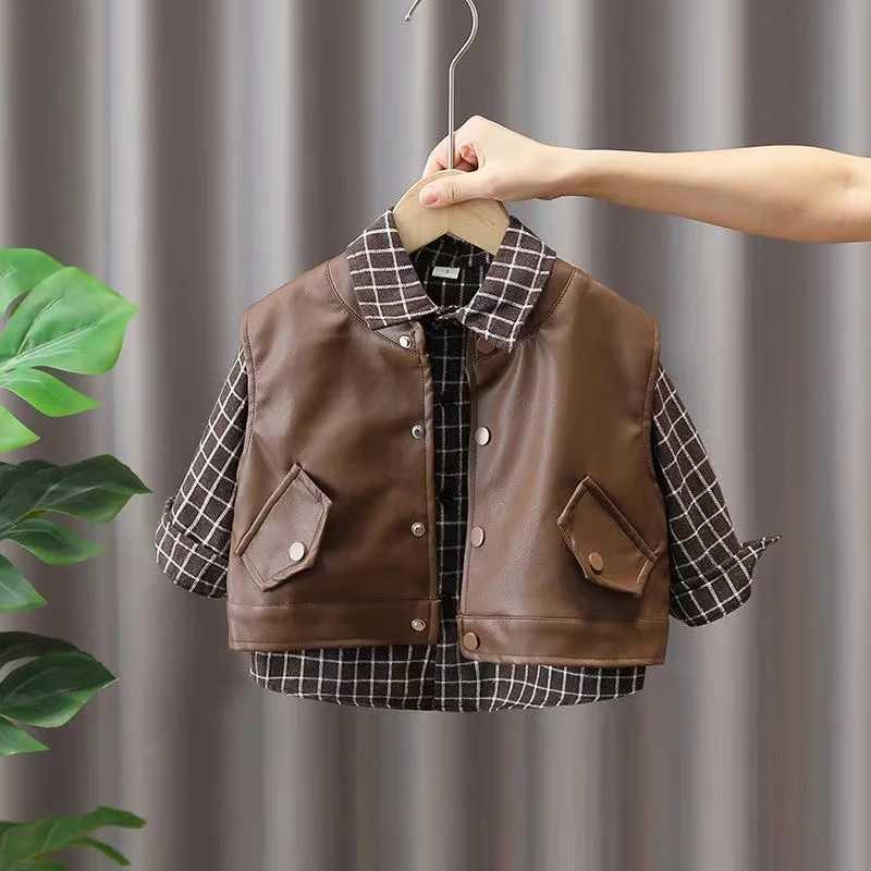 Clothing Sets Boys Spring And Autumn Set 2024 New Fashion Childrens Pu Vest+Shirt Two piece Set For Boys And Babies Fashion Two piece Set