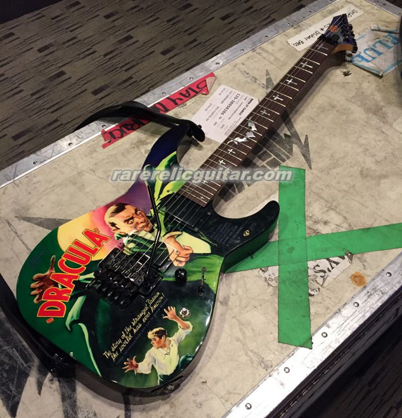 Hand Work Drawn Metallic Kirk Hammett KH 2 Dracula Electric Guitar Bat & Cross Inlay Floyd Rose Tremolo China EMG Active Pickups 9V Battery Box Black Hardware