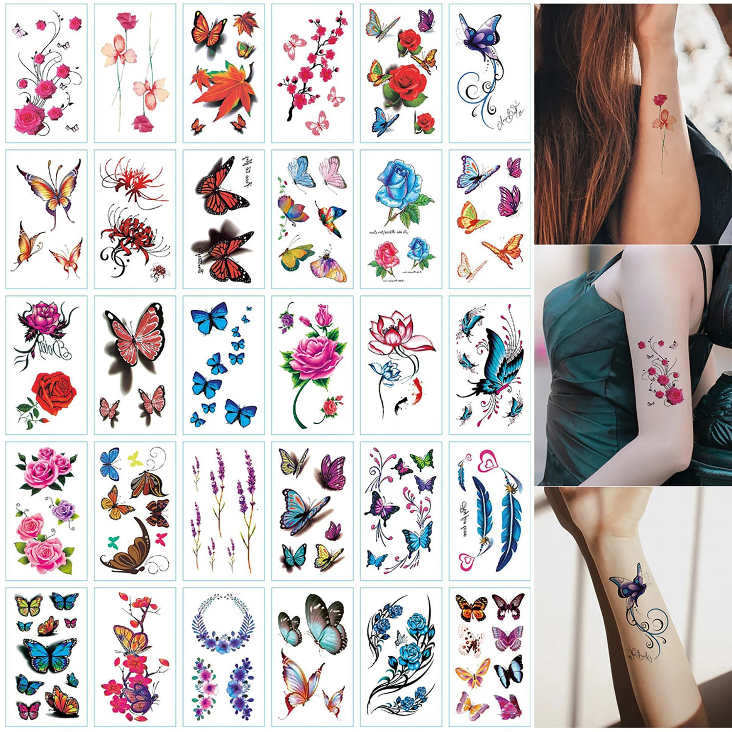 30 pieces/pack 3D butterfly pattern temporary tattoo stickers small-sized body arm shoulder false tattoo stickers 240705