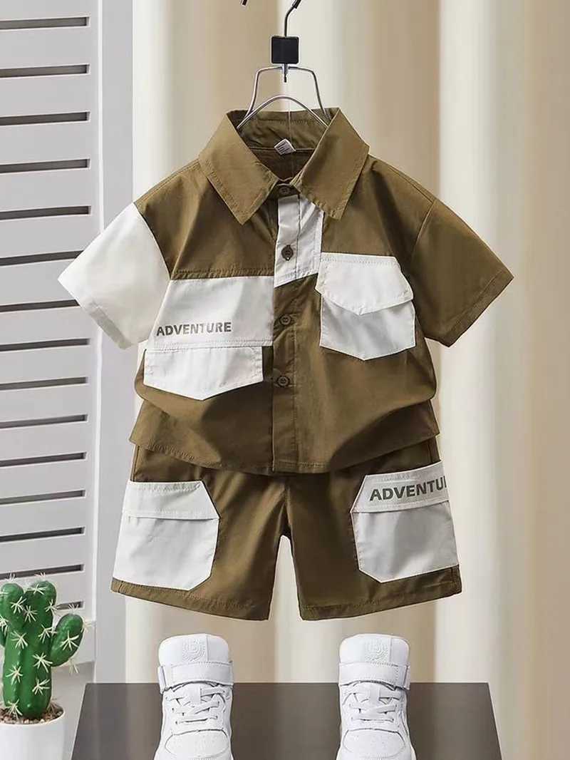 Clothing Sets Boys Shirt Short Sleeve Set 2024 New Fashionable Baby Thin Summer Clothing Childrens Handsome Two Piece Set