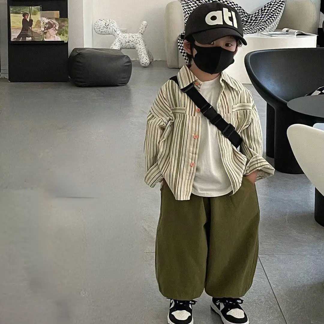 Clothing Sets Boys Set Spring and Autumn New Handsome and Fashionable Striped Shirt Top Work pants Childrens Baby Two Piece Set Kids Clothing