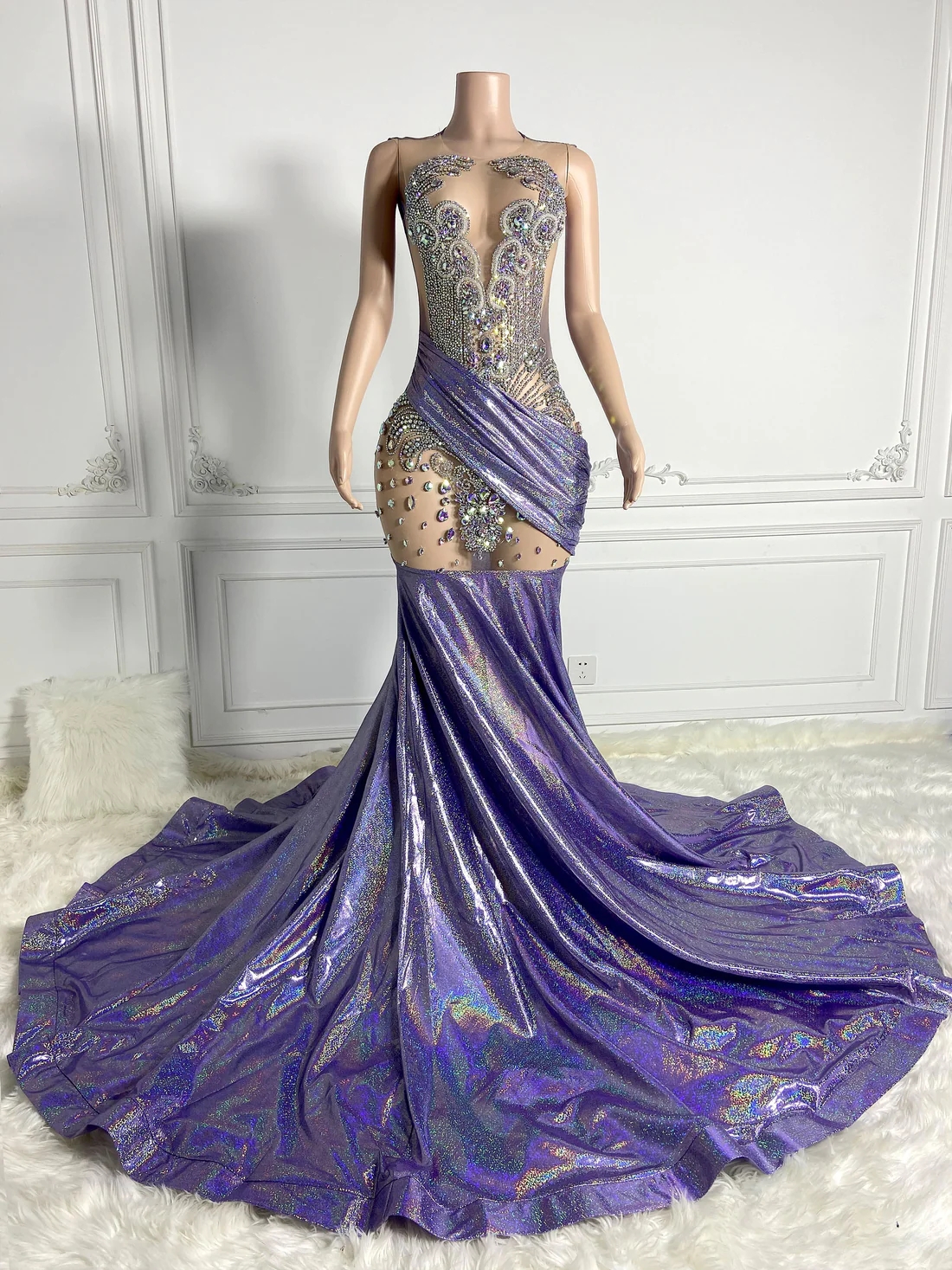Sparkly Women Long Prom Dresses For Black Girls Mermaid Sheer Purple Luxury Diamond African American Prom Gowns Evening Gala Party Dresses J057