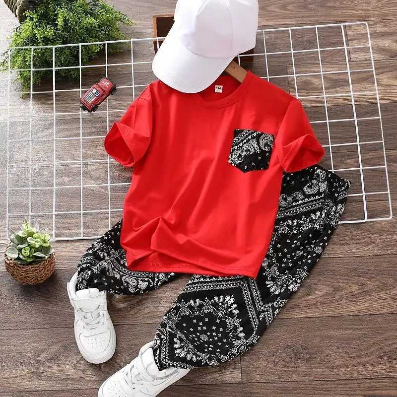 Clothing Sets 3-15Y Childrens Clothing Set Summer New Boys Baby Thin Cashew Flower Short Sleeve T-shirt Pants 2 Piece Set Kids Outfits