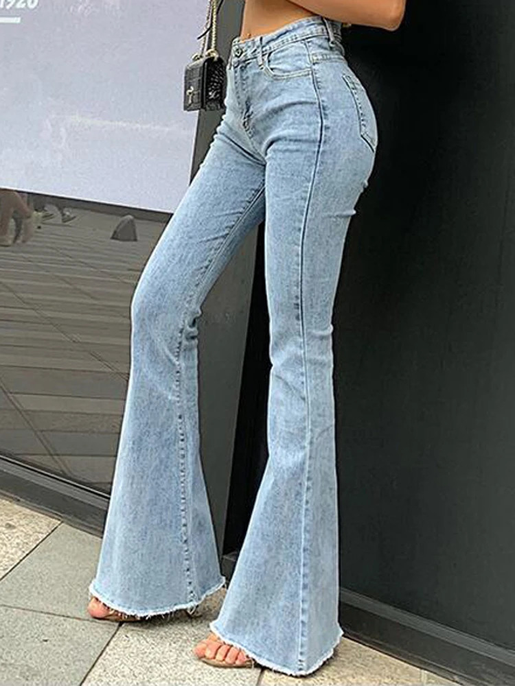 Fashion Women Pants High Waist Flared Jeans Blue Skinny Streetwear Y2k Vintage Quality Harajuku Boyfriend Clothing Female 240704