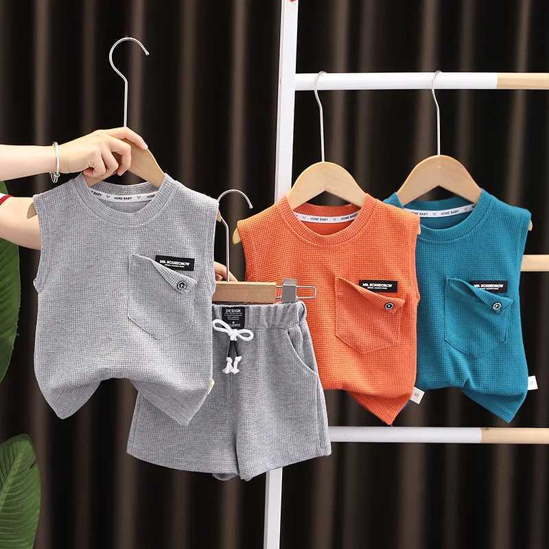 Clothing Sets Fashion Childrens Summer Boys/Girls Vest Set Baby Solid Waffle Sleeveless Clothes T-shirts Shorts 2pcs Kids Casual Sports Sets