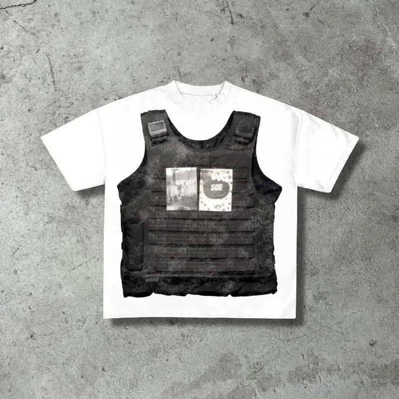 Street clothing pure cotton oversized pattern printed men T-shirt round neck retro loose Y2k Harajuku couple short sleeved 240626