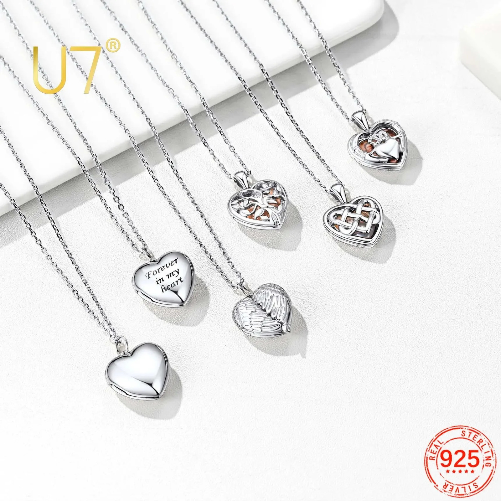 U7 925 Sterling Silver Heart Locket Necklaces for Woman Personalized Engraving 1/2 Pos Custom Jewelry 240626