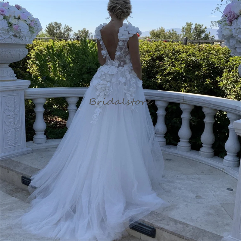 Gorgeous 3D Florals Boho Wedding Dress 2024 Fairy V Neck Civil Hippies Backless Beach Bride Dress Charming Gatsby Bridal Dress Vestidos De Casamento R