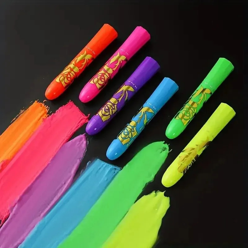 6pcs UV Black Light Face Paint Crayons Kit Neon Body and Face Makeup Sticks for Mardi Gras and Halloween Costume Parties Unisex 240705