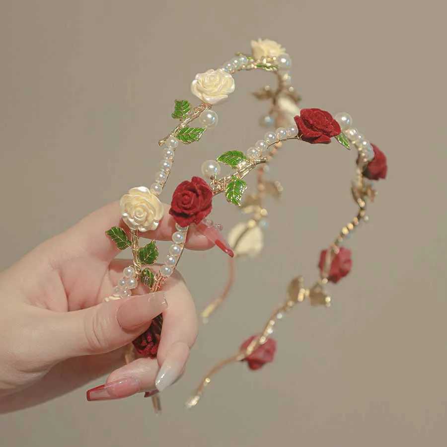 Headbands Red White Simulated Flower Rose Wedding Hair Accessories Hairband 2023 New French Romantic Spring Leaves Headdress Hair Hoops