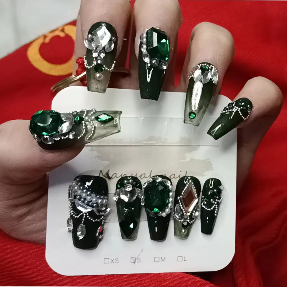 Press on Nails Style woman Hole Green Show Gradient Color All Pearl and Diamond Handmade Nail Paintings 240705