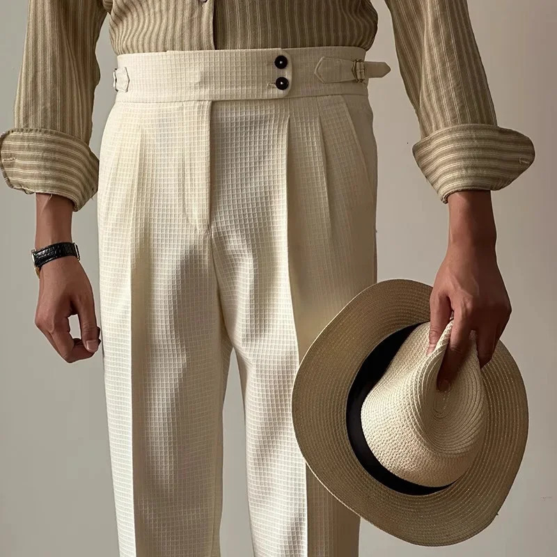 Vintage Belt-up High Waist Trousers Men Spring Summer Fashion Solid Color Waffle Breathable Pants Mens Old Money Aesthetic Pants 240701