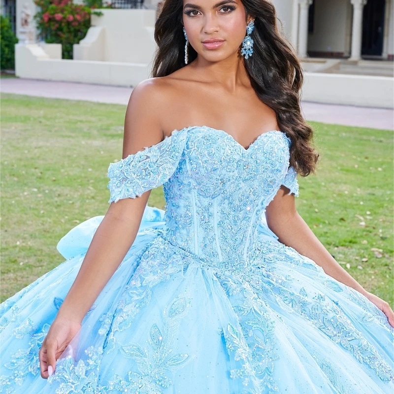 Sky Blue Shiny Quinceanera Dresses Sleeveless Crystal Sequined Ball Gown Off The Shoulder Applique Lace Corset Vestidos Para XV