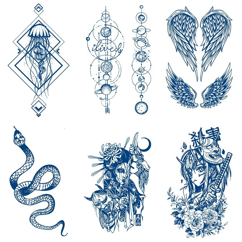 Semi anent herbal gradient tattoo sticker jellyfish planet feather snake large pattern water transfer tattoo lasts for 15 days 240705