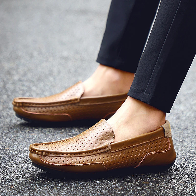 mens casual leather shoes breathable holes summer leather mens soft-soled moccasin shoes hollow driving shoes BTMOTTZ 240705