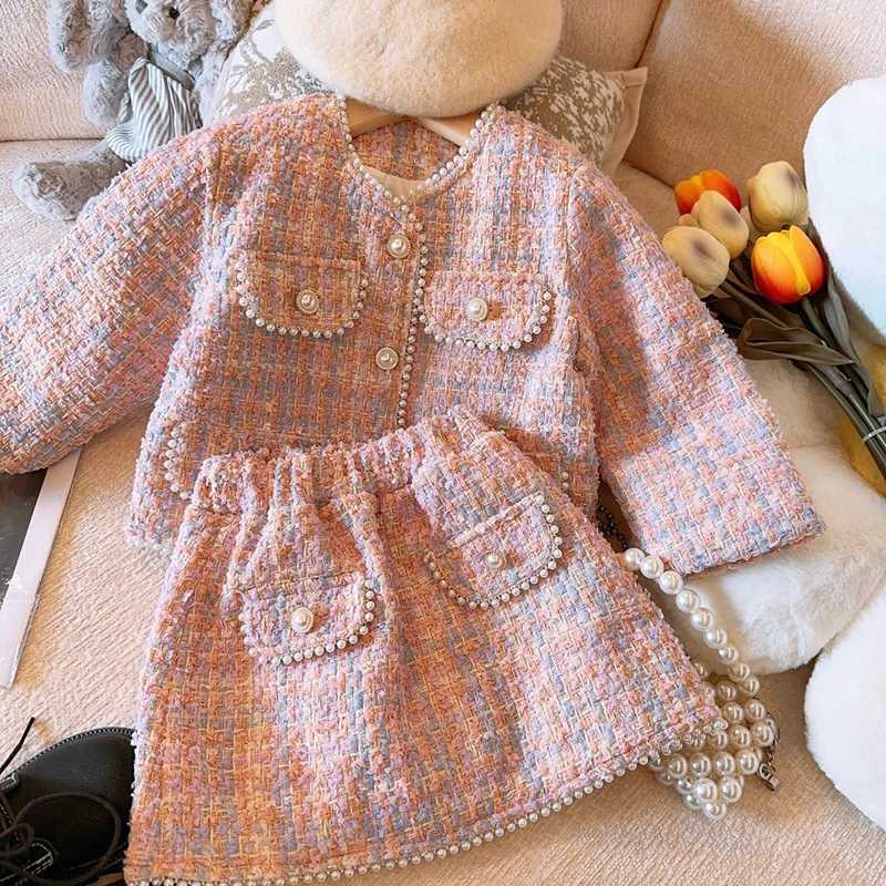 Clothing Sets Korean Suit For Girls Autumn And Winter Checkered Small Fragrant Wind Girl Set Fashion Coat+Short Skirt Knitting Two Piece Set