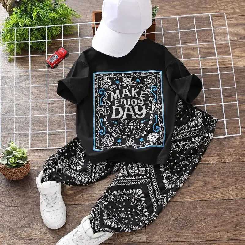 Clothing Sets 3-15Y Childrens Clothing Set Summer New Boys Baby Thin Cashew Flower Short Sleeve T-shirt Pants 2 Piece Set Kids Outfits