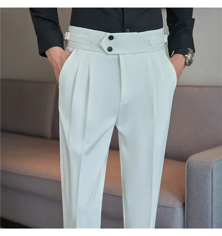 Mens Dress Pants High-quality English Style Solid Casual Slim Fit Trousers High-waisted Business Leisure Formal Pants 38 240701