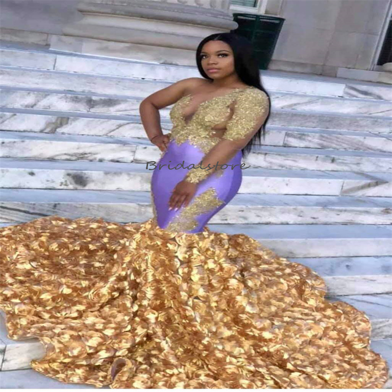 Elegant Black Girls Mermaid Prom Dresses Lilac With Gold Appliques Lace Long Sleeve 3D Florals Evening Dress Plus Size African Formal Party Gowns Vest