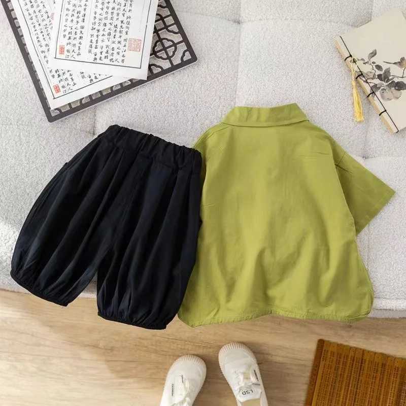 Clothing Sets 2024 Boys Summer Cartoon Set Baby Chinese Set Fashion Panda Pankou Short Sleeve+Shorts Summer Two Piece Set