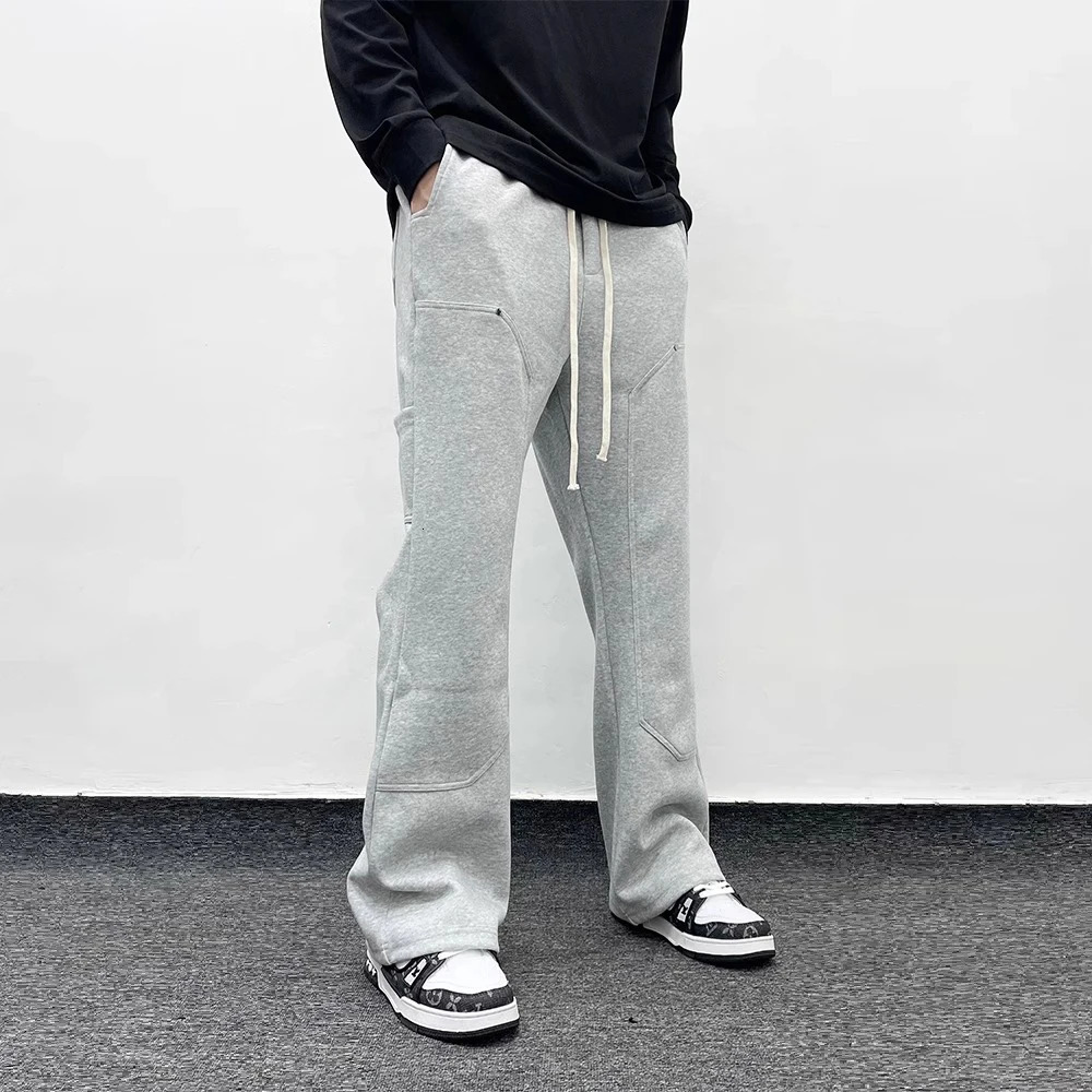 American Streetwear Gray Flared Sweatpant Men Double Knee Patch Micro Flare Overalls Harajuku Casual Patchwork Sweat Pants Black 240701