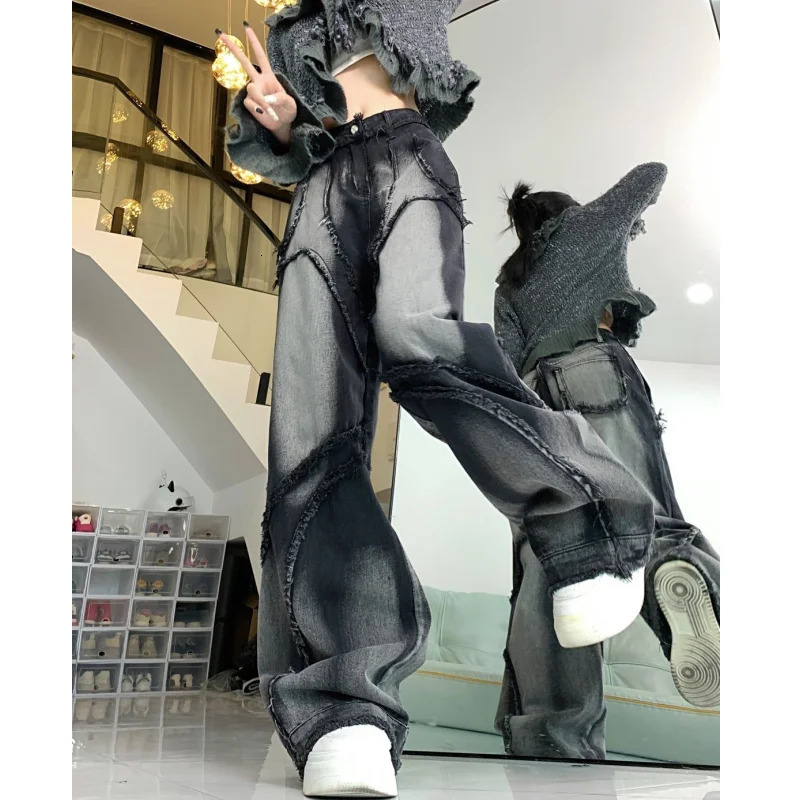 Black High Waist Women Jeans Hip-hop Style Fashion Vintage Streetwear Y2K Wide Leg Jean 2024 Female Trouser Baggy Denim Pants 240703
