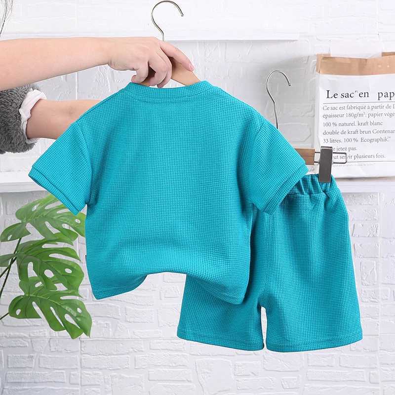 Clothing Sets New Summer Baby Boys Clothes Set Cotton Short Sleeve Waffle T-Shirts And Solid Shorts 2Pcs Casual Suit for Kids 1-5 Years