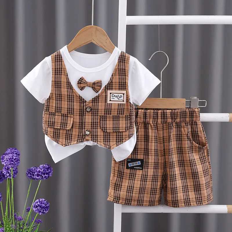 Clothing Sets 2023 Summer Baby Boys Cotton T-Shirt Plaid Shorts Pants Wedding Party 2PCS Clothing Set Toddler Kids Gentleman Suit for 1-5Years