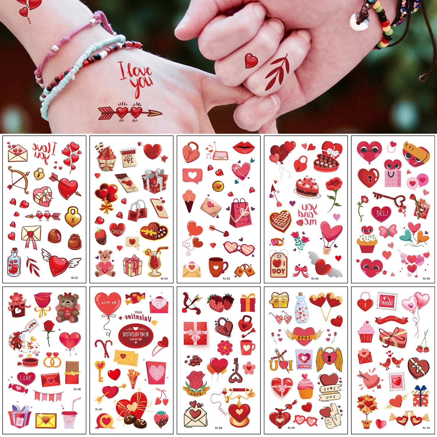 10 Valentines Day collection love letters heart-shaped cake gift patterns temporary tattoo stickers 240705