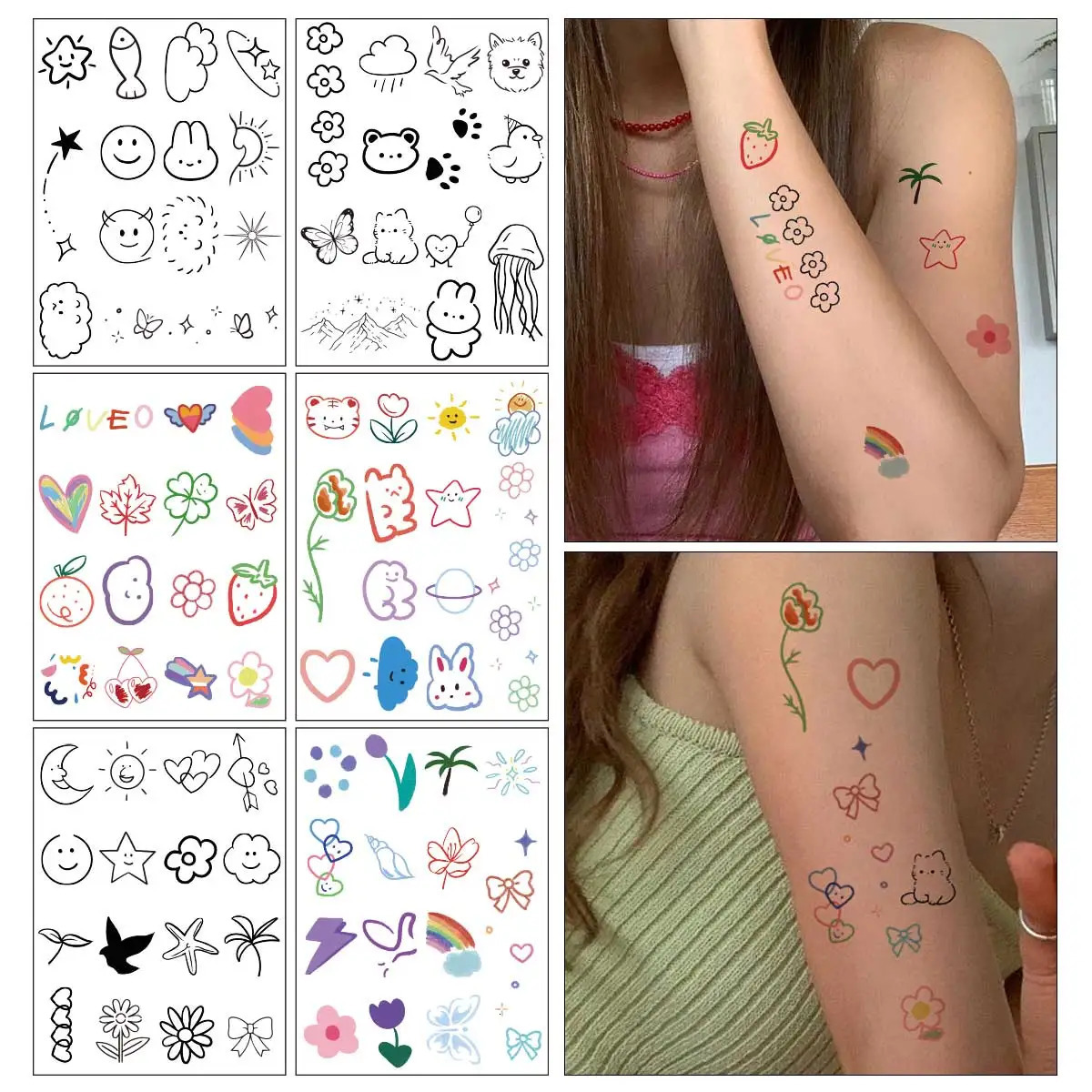 6 pieces of cartoon pattern colored flower heart-shaped temporary tattoo stickers waterproof magic tattoo disposable tattoo stickers 240705