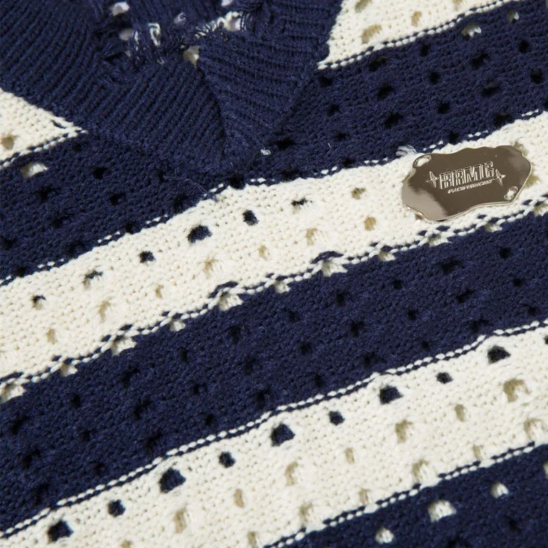 Mens Sleeveless Sweater Vest Women Striped Hollow Loose V-neck Sweaters Harajuku Casual Loose Knitted Pullove Spring Fall Jumper 240704