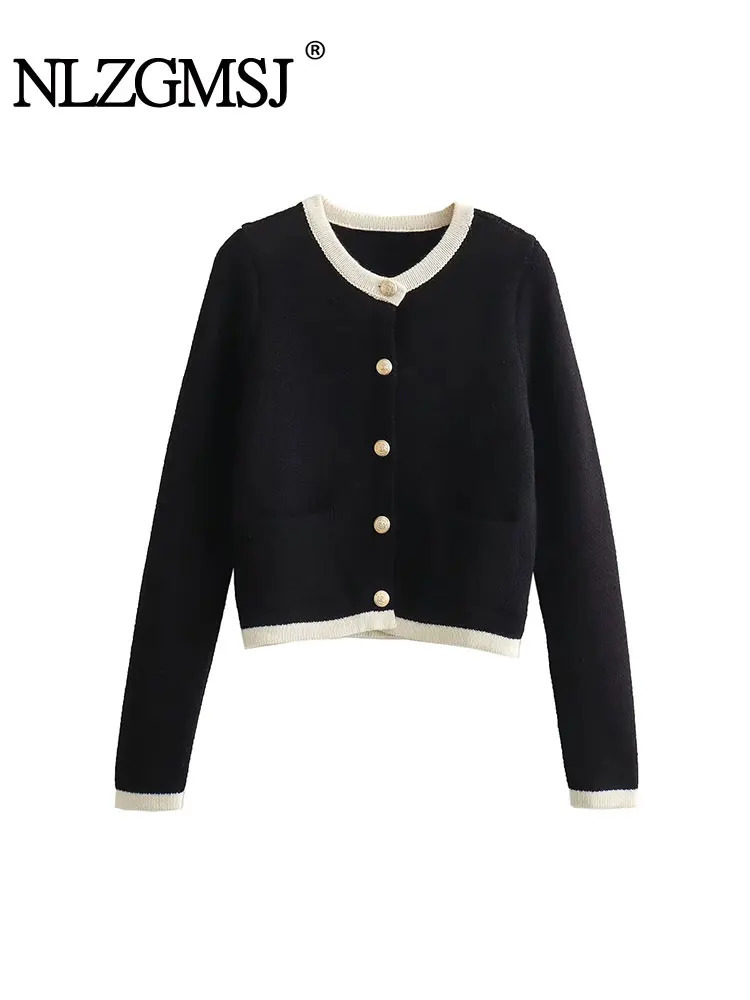 TRAF Autumn Cropped Cardigans For Women Single Breasted Sweater Knitted Woman Long Sleeve Knitwear Coat 240701