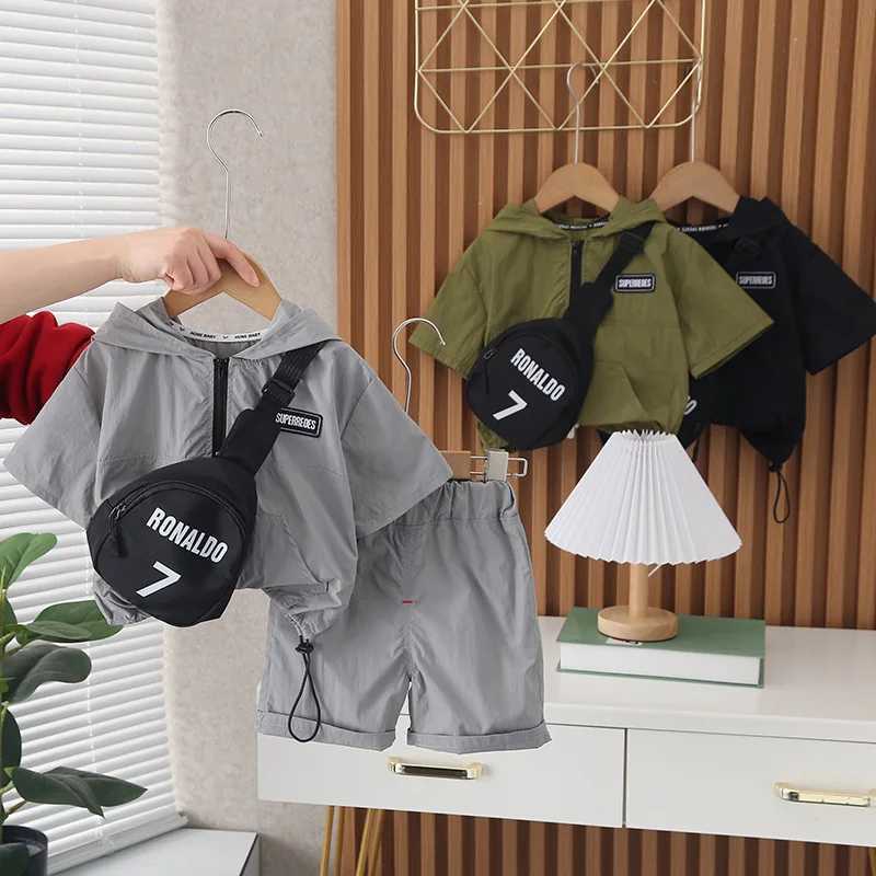 Clothing Sets 2023 Summer Baby Boys Clothing Sets Kids Zipper Hooded Jacket Shirts Shorts Bag 3Pcs Children Casual Outfits Toddler Sportswear