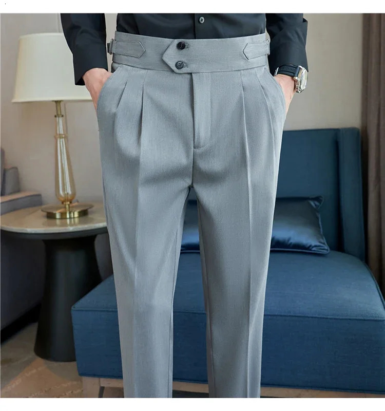 Mens Dress Pants High-quality English Style Solid Casual Slim Fit Trousers High-waisted Business Leisure Formal Pants 38 240701