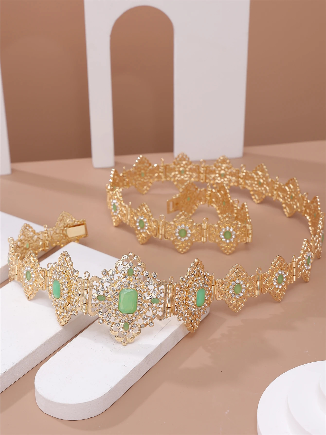 Moroccan Wedding Jewelry Caftan Belt for Women Gold Color Red Blue Crystal Bride Gift Long Adjustable Waist Chain 240701