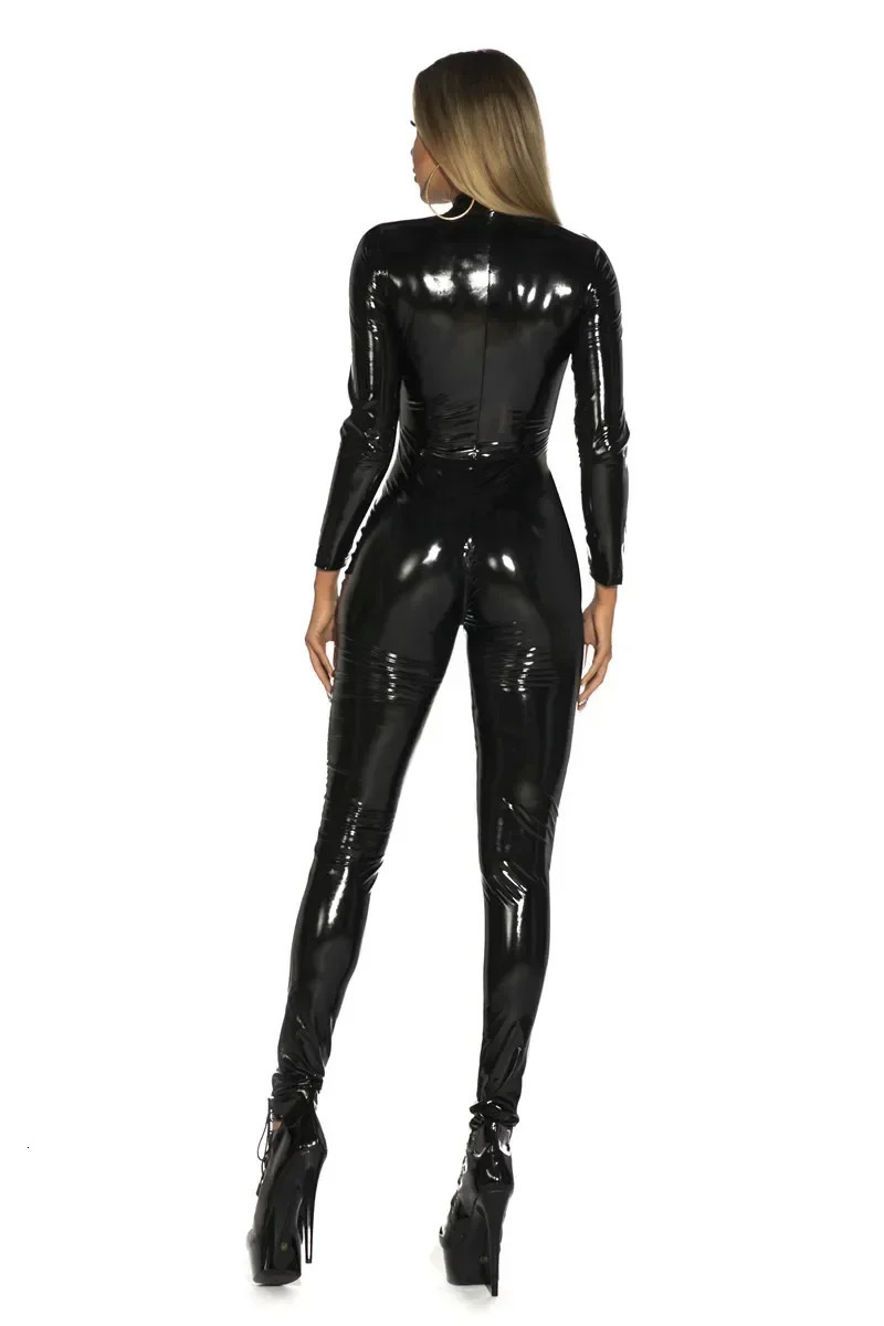 Womens Wet Look Shiny PU Faux Leather Jumpsuit Suit Long Sleeve Zipper Open Crotch Latex Bodysuit Clubwear Plus Size 240703