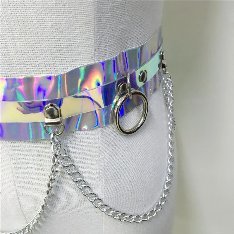 FestivalQueen Womens Shiny Faux Leather Harness Belt Dazzle Color Holographic Silver Metal Punk Chain Nightclub Party Waist Bel 240701