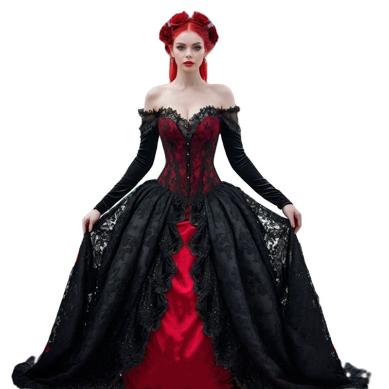 Black And Red Gothic Wedding Dresses Off The Shoulder Long Sleeves Princess Wedding Gown Vintage Renaissance Vestido De Novia 2024 Women Masquerade Dr