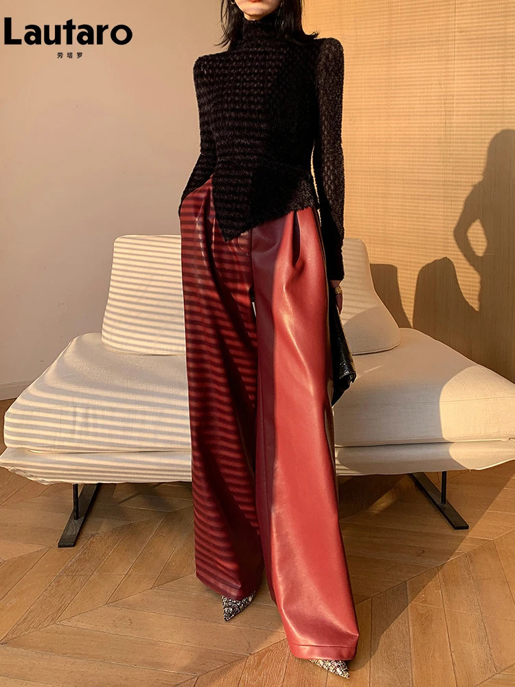 Lautaro Spring Autumn Loose Casual Soft Black Burgundy Pu Leather Wide Leg Pants for Women High Waist Korean Style Fashion 240704