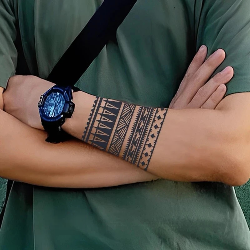 Geometric Totem Ring Herbal Juice Tattoo Sticker Waterproof Semi anent Arm Durable Art Male False Tattoo Sticker Artificial Tattoo 240705