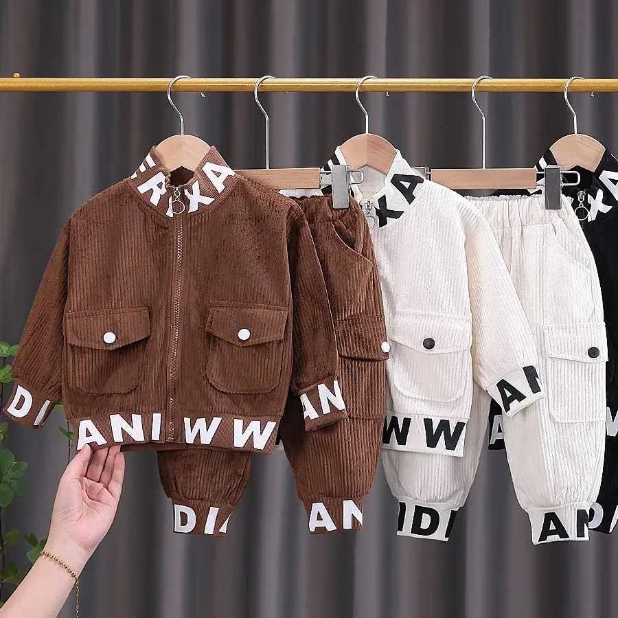 Clothing Sets Children Clothing 2024 New Baby Autumn Clothes For Kids Boys Girls Letter Standing Collar Corduroy Jackets+Pants Outfit 2PCS Set