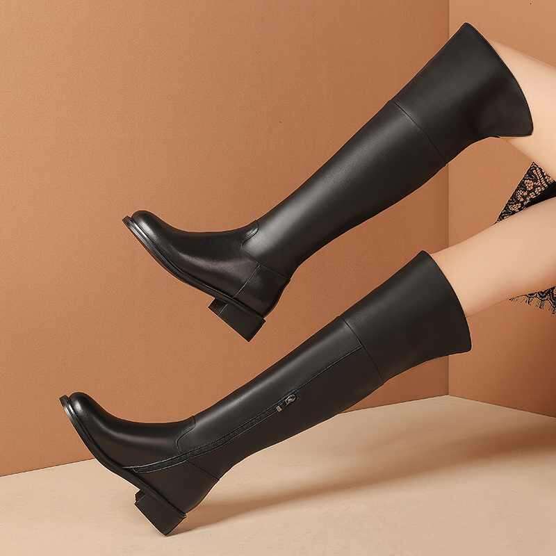 Big Size 43 Cow Leather Round Toe Med Heel Young Lady Daily Wear Simple Style Classic Black Over-The-Knee Boots L52