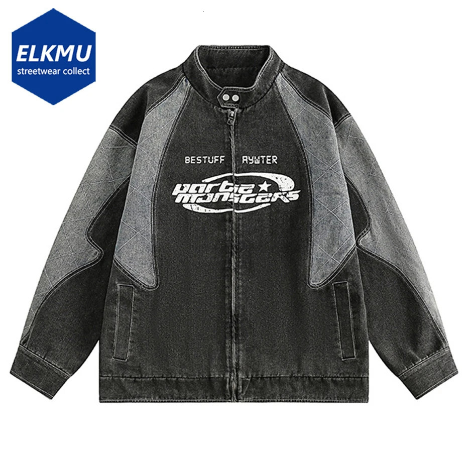 Color Block Patchwork Vintage Denim Jacket Men Streetwear Harajuku Oversized Hip Hop Y2K Jeans Coat Zipper Up Outwear for Man 240704